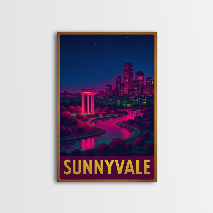 Sunnyvale California Travel Poster, Canvas Print, Neon Downtown Skyline Wall Art, Sunnyvale Art Print, Home Office Decor, Retro Travel Print