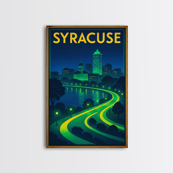 Syracuse Travel Poster, Framed Canvas Print, Neon City Skyline Wall Art, Syracuse Travel Art, Travel Art Print, Vintage Travel Print