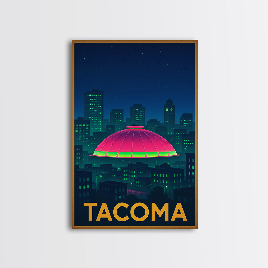 Tacoma Washington Travel Poster, Framed Canvas Print, Cyberpunk Style City Art, Tacoma Travel Art, Vintage City Poster, Mid Century Wall Art