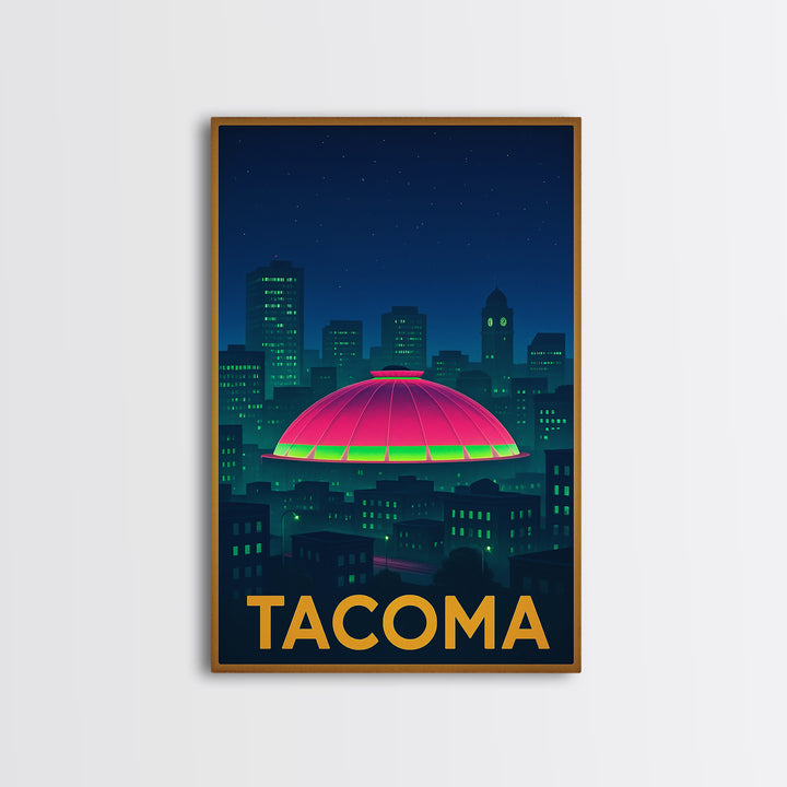 Tacoma Washington Travel Poster, Framed Canvas Print, Cyberpunk Style City Art, Tacoma Travel Art, Vintage City Poster, Mid Century Wall Art