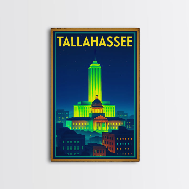 Talahassee Travel Poster, Framed Canvas Print, Neon Downtown Skyline Wall Art, Talahassee Art Print, Gift For Travelers, Vintage City Poster