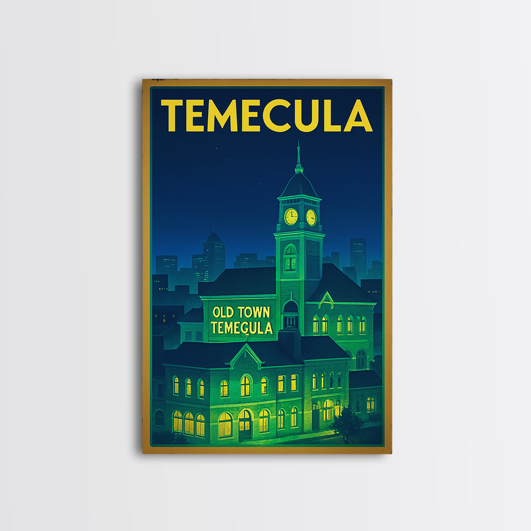 Temecula Travel Poster, Framed Canvas Print, Electric Night Poster Art, Temecula City Art, Vintage City Poster, Vintage Travel Art