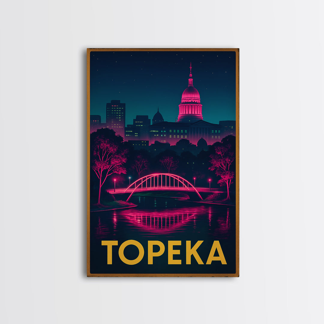 Topeka Kansas Travel Poster, Canvas Print, Retro Neon Travel Art, Topeka City Art, Travel Poster Art, Travel Wall Art, Living Room Wall Art