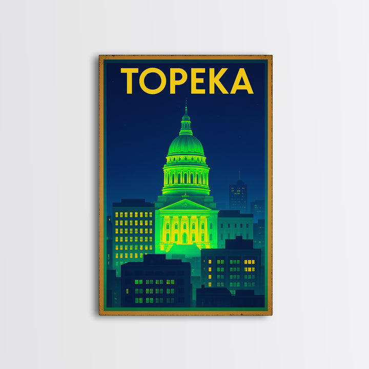 Topeka Travel Poster, Canvas Print, Retro Neon Travel Art, Topeka Travel Art, Travel Poster Set, Travel Wall Decor, City Travel Prints