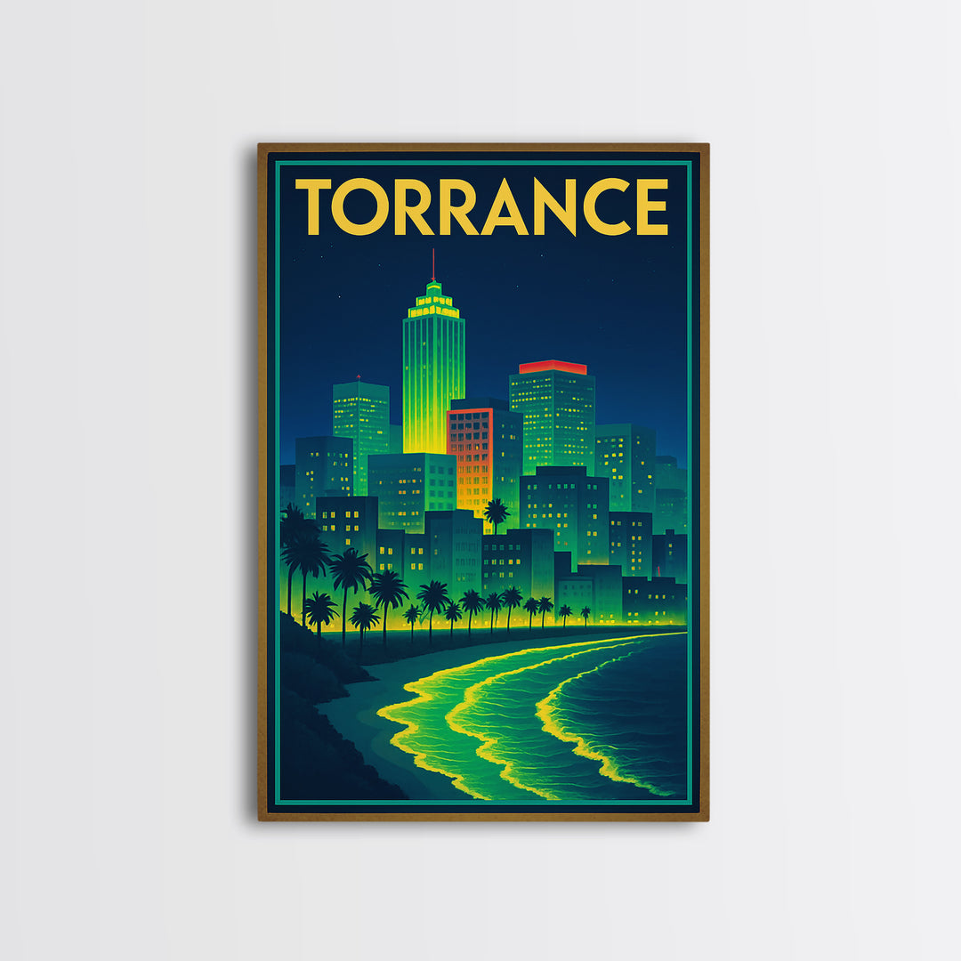 Torrance Travel Poster, Canvas Print, Cyberpunk Style City Art, Torrance Travel Art, Mid Century Wall Art, City Travel Prints, Design 2