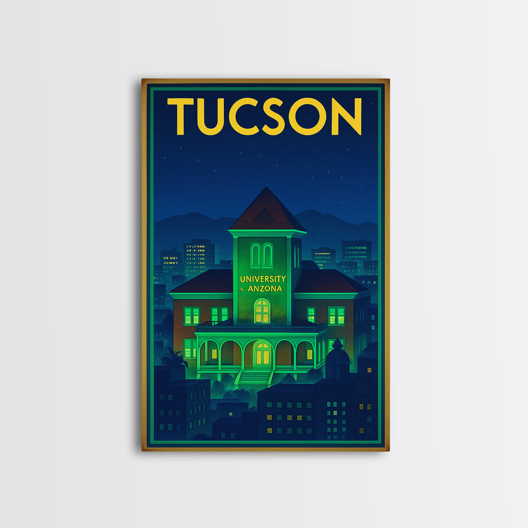 Tucson Travel Poster, Framed Canvas Print, Neon Skyline Wall Art, Tucson Travel Art, City Travel Prints, City Illustration, Art Print