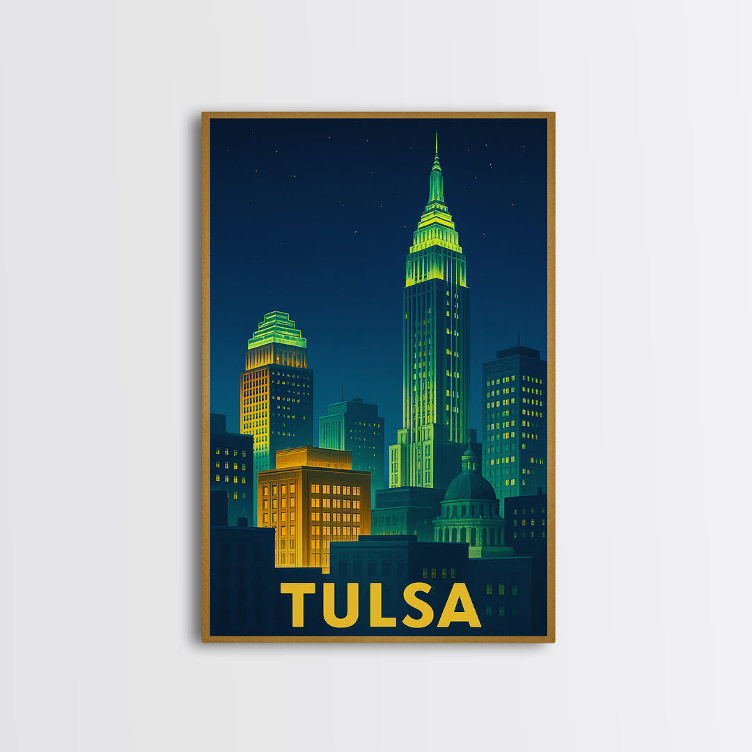 Tulsa Oklahoma Travel Poster, Canvas Print, Electric Night Poster Art, Tulsa Wall Art, City Travel Prints, Watercolor Cityscape, Poster Art