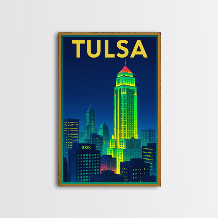 Tulsa Travel Poster, Canvas Print, Retro Neon Travel Art, Tulsa City Art, Vintage City Poster, Living Room Wall Art, Travel Wall Art