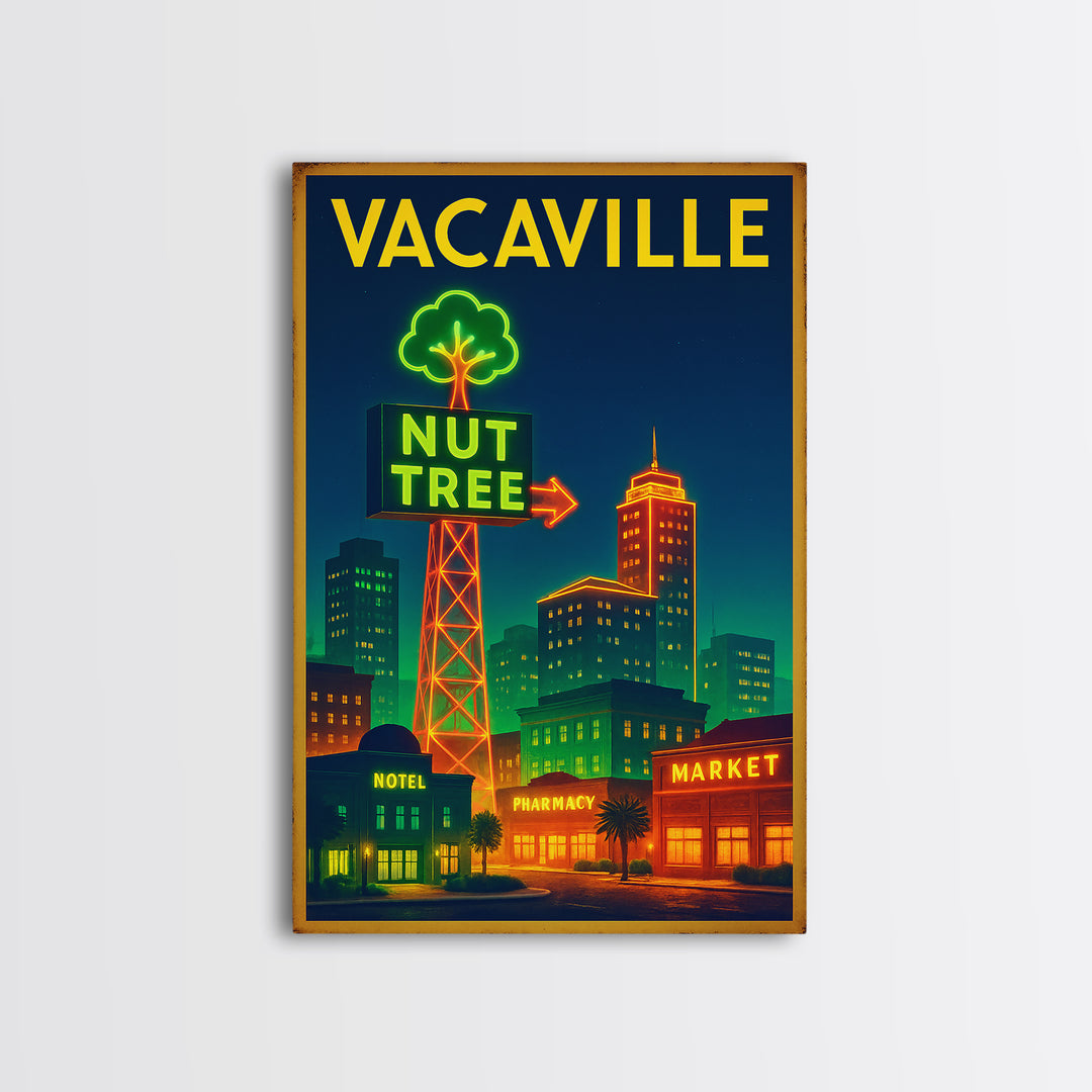 Vacaville Travel Poster, Framed Canvas Print, Electric Night Poster Art, Vacaville Travel Art, Travel Wall Art, Watercolor Skyline Art