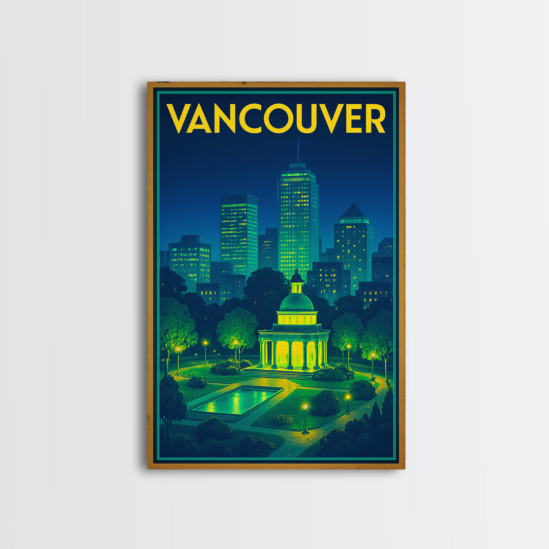 Vancouver Travel Poster, Framed Canvas Print, Retro Neon Travel Art, Vancouver Wall Art, Mid Century Wall Art, Retro Travel Print