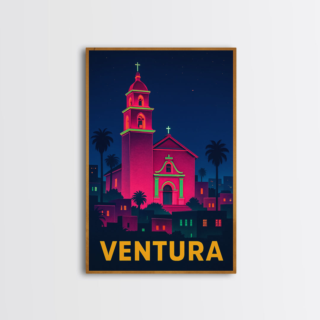 Ventura California Travel Poster, Canvas Print, Neon Skyline Art Wall Art, Ventura Art Print, Wall Decor, City Illustration, Home Decor