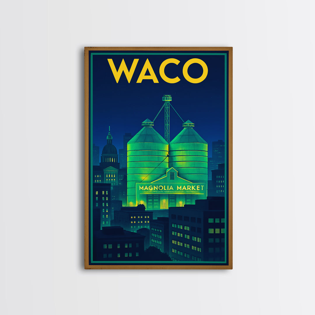 Waco Travel Poster, Framed Canvas Print, Electric Night Poster Art, Waco Travel Art, Watercolor Cityscape, Travel Wall Art, Poster Print