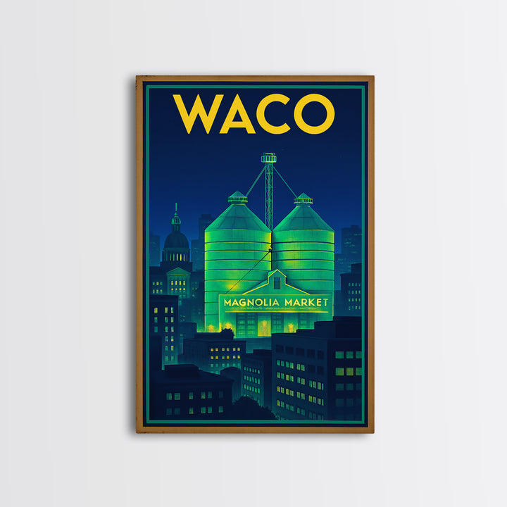 Waco Travel Poster, Framed Canvas Print, Electric Night Poster Art, Waco Travel Art, Watercolor Cityscape, Travel Wall Art, Poster Print