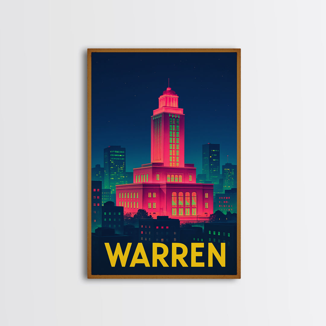 Warren Michigan Travel Poster, Canvas Print, Retro Neon Travel Art, Warren Wall Art, Home Office Decor, Modern Wall Decor, City Illustration