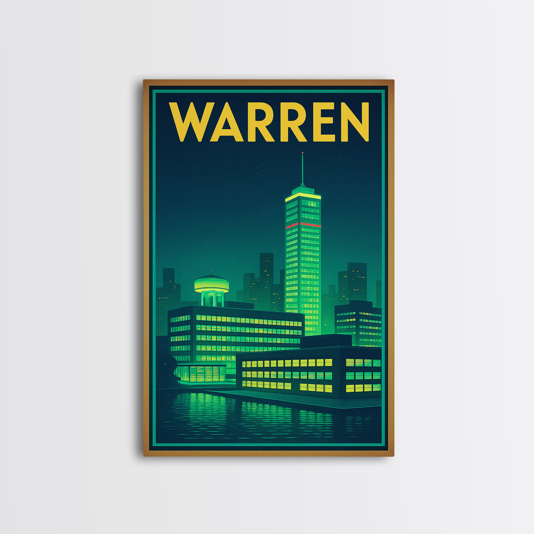 Warren Travel Poster, Canvas Print, Neon Urban Skyline Wall Art, Warren Wall Art, Wall Decor, Mid Century Wall Art, Wanderlust Decor