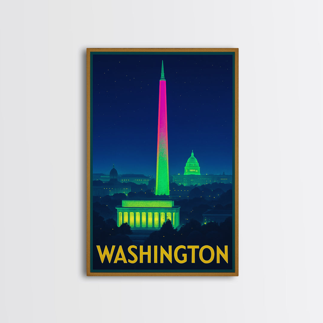 Washington Travel Poster, Framed Canvas Print, Electric Night Poster Art, Washington Travel Art, Vintage Travel Print, Gift For Travelers