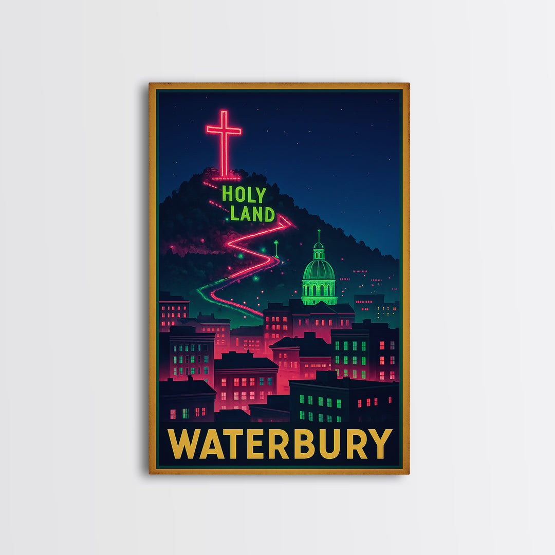 Waterbury Travel Poster, Framed Canvas Print, Neon Skyline Wall Art, Waterbury Art Print, Fine Art Print, Vintage Travel Art