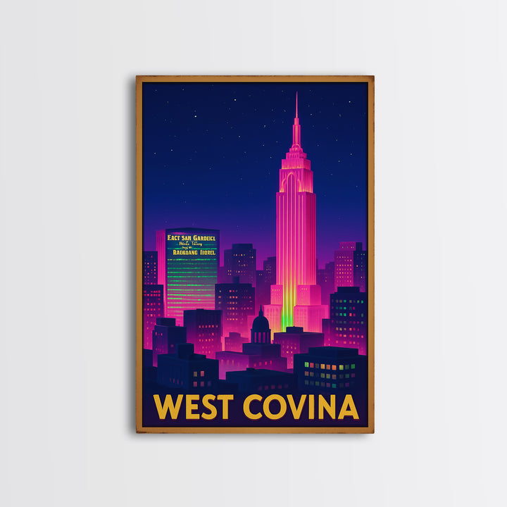 West Covina California Travel Poster, Canvas Print, Electric Night Poster Art, West Covina Poster Print, City Art Print, Vintage Travel Art