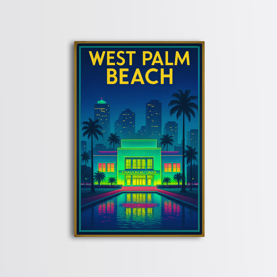 West Palm Beach Travel Poster, Framed Canvas Print, Neon City Skyline Wall Art, West Palm Beach Poster Print, Retro Travel Print, Wall Art