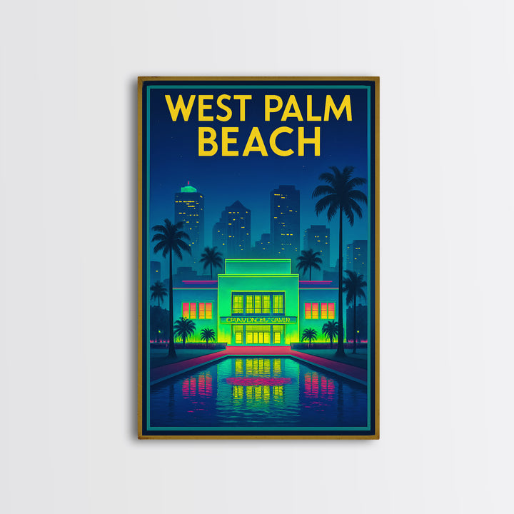 West Palm Beach Travel Poster, Framed Canvas Print, Neon City Skyline Wall Art, West Palm Beach Poster Print, Retro Travel Print, Wall Art
