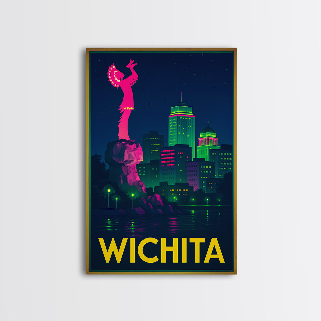 Wichita Kansas Travel Poster, Canvas Print, Retro Neon Travel Art, Wichita Print, City Poster, Travel Wall Art, Watercolor Urban Skyline