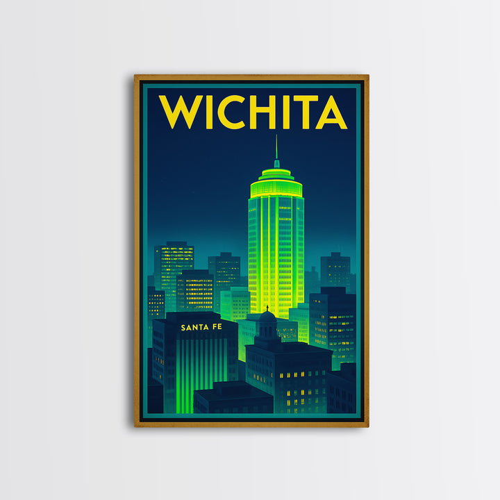 Wichita Travel Poster, Framed Canvas Print, Cyberpunk Style City Art, Wichita Art Print, Living Room Wall Art, City Travel Prints