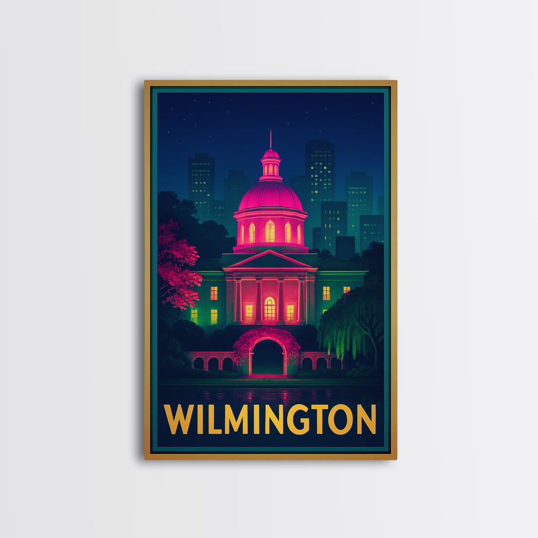 Wilmington North Carolina Travel Poster, Framed Canvas Print, Retro Neon Travel Art, Wilmington Travel Art, City Art Print, Vintage City Art