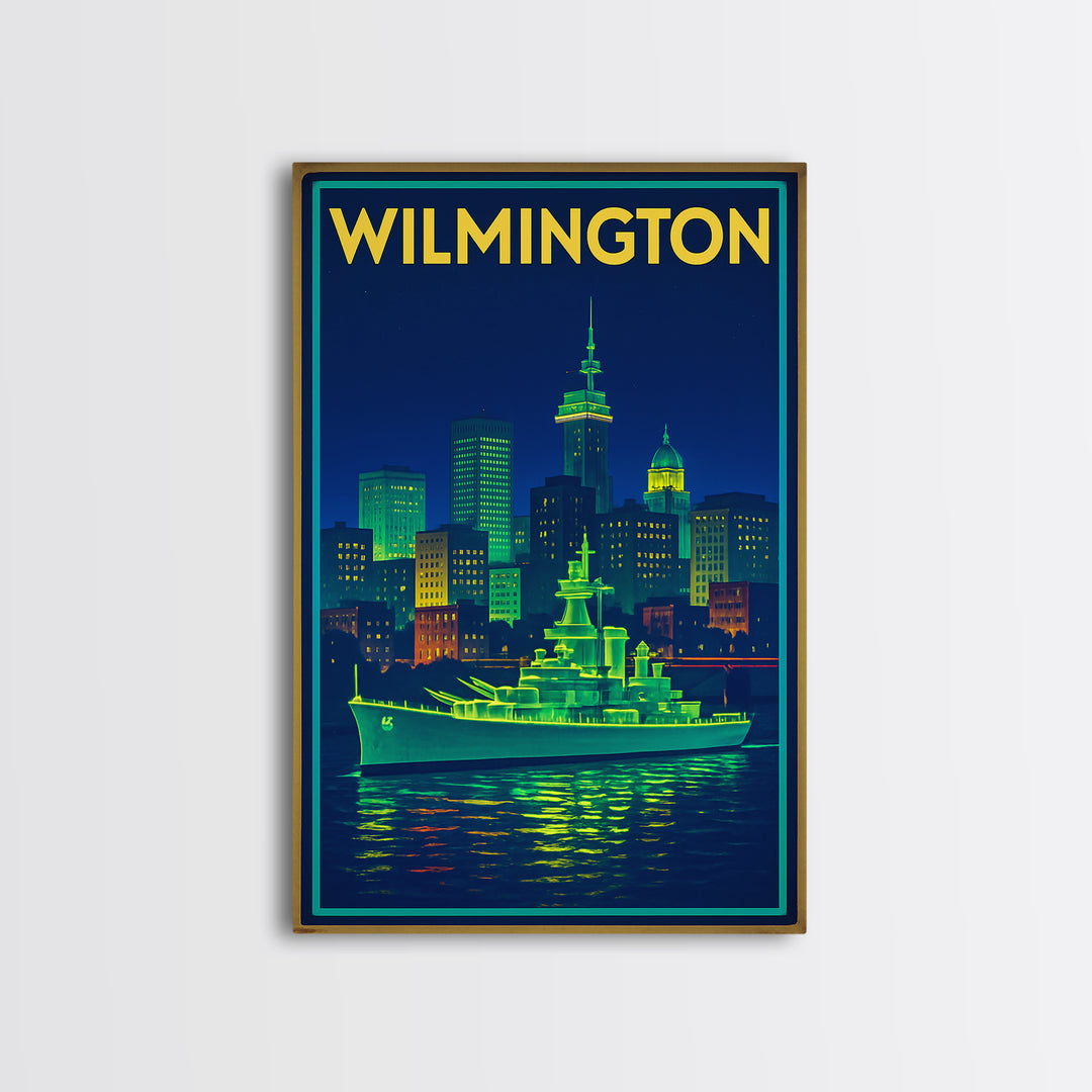Wilmington Travel Poster, Canvas Print, Neon Skyline Art Wall Art, Wilmington Travel Art, Travel Poster Art, Vintage City Art, Art Print