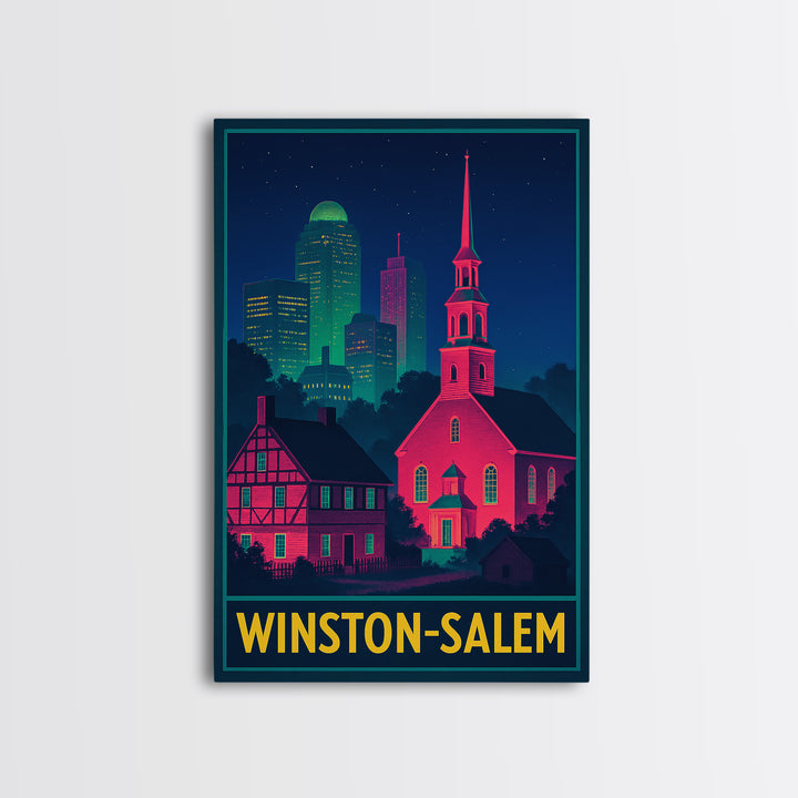 Winston Salem North Carolina Travel Poster, Canvas Print, Retro Neon Travel Art, Winston Salem Art Print, Watercolor Urban Skyline