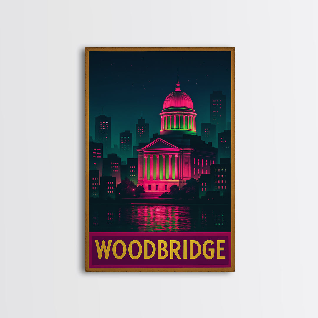 Woodbridge Travel Poster, Canvas Print, Retro Neon Travel Art, Woodbridge Art Print, Modern Wall Decor, Travel Poster Art, Travel Wall Art