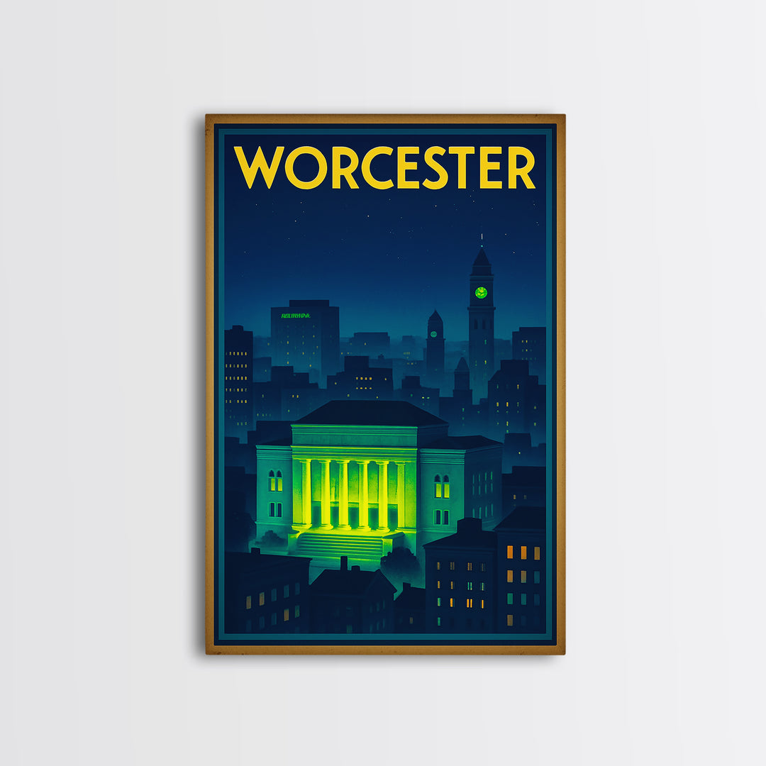 Worcester Travel Poster, Framed Canvas Print, Neon Skyline Art Wall Art, Worcester Travel Art, Vintage Travel Print, Vintage City Poster