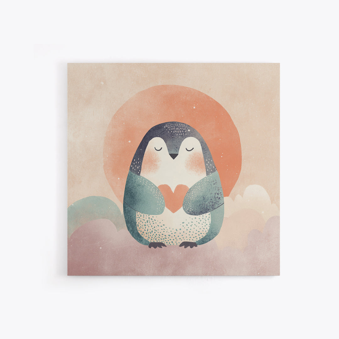 Penguin Holding a Little Heart Shape Canvas Print, Nursery Art, Watercolor Print, Nursery Decor, Abstract Art, Nursery, NUR-1x1-10