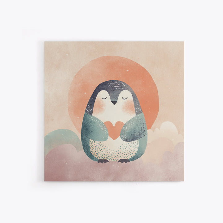 Penguin Holding a Little Heart Shape Canvas Print, Nursery Art, Watercolor Print, Nursery Decor, Abstract Art, Nursery, NUR-1x1-10