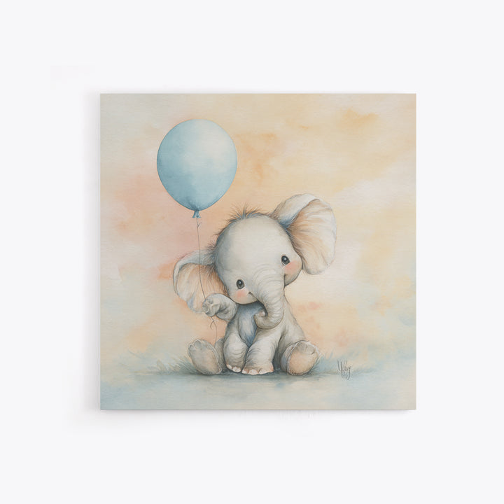 Sleepy Baby Elephant Holding a Tiny Balloon Canvas Print, Nursery Art, Neutral Decor, Nursery Decor, Fine Art, Nursery, NUR-1x1-25