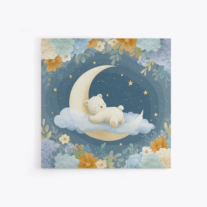 Baby Bear Floating on a Crescent Moon Canvas Print, Nursery Art, Kids Wall Decor, Nursery Decor, Oil Painting, Nursery, NUR-1x1-30