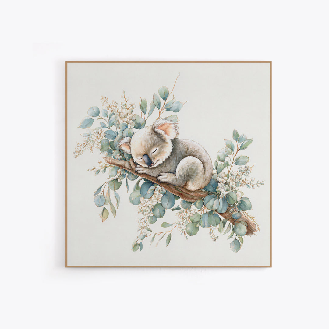 Sleeping Koala on Eucalyptus Branch Framed Canvas Print, Nursery Art, Whimsical Wall Art, Nursery Decor, Fine Art, Nursery, NUR-1x1-37