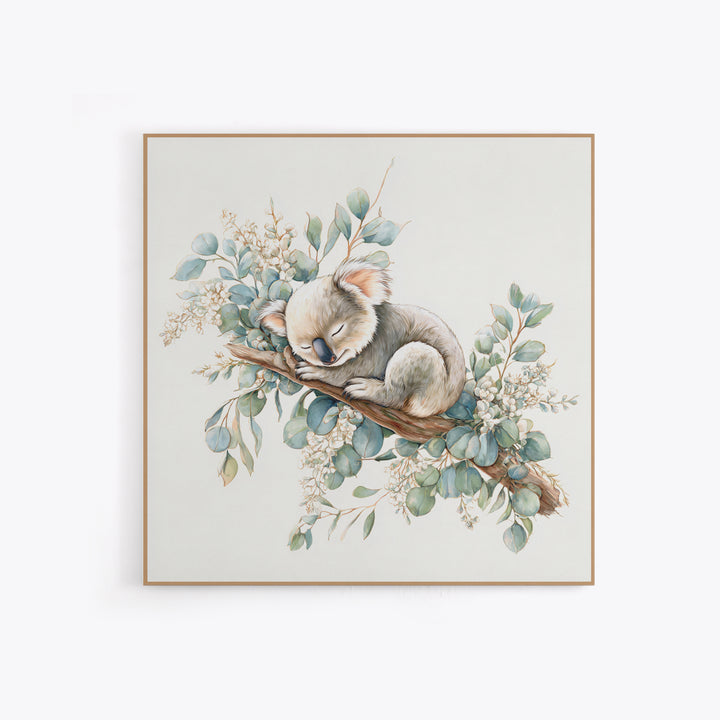 Sleeping Koala on Eucalyptus Branch Framed Canvas Print, Nursery Art, Whimsical Wall Art, Nursery Decor, Fine Art, Nursery, NUR-1x1-37