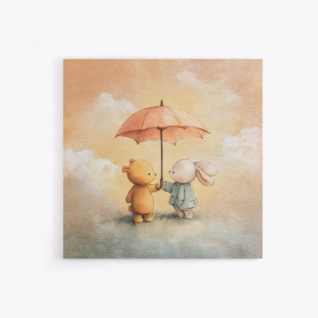 Bear and Rabbit Sharing Umbrella Framed Canvas Print, Nursery Art, Home Decor, Nursery Decor, Fine Art, Nursery, NUR-1x1-41