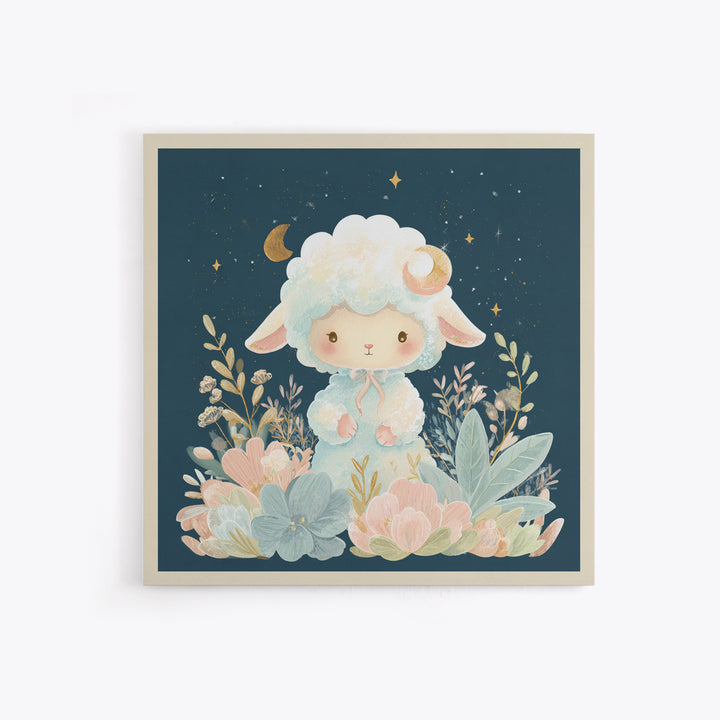 Little Lamb under a Starry Sky Framed Canvas Print, Nursery Art, Woodland Nursery, Nursery Decor, Oil Painting, Nursery, NUR-1x1-43
