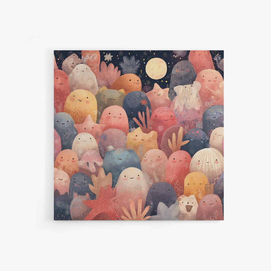Friendly Ocean Creatures Framed Canvas Print, Nursery Art, Art Print, Nursery Decor, Oil Painting, Nursery 048, Wall Art Set of, NUR-1x1-48