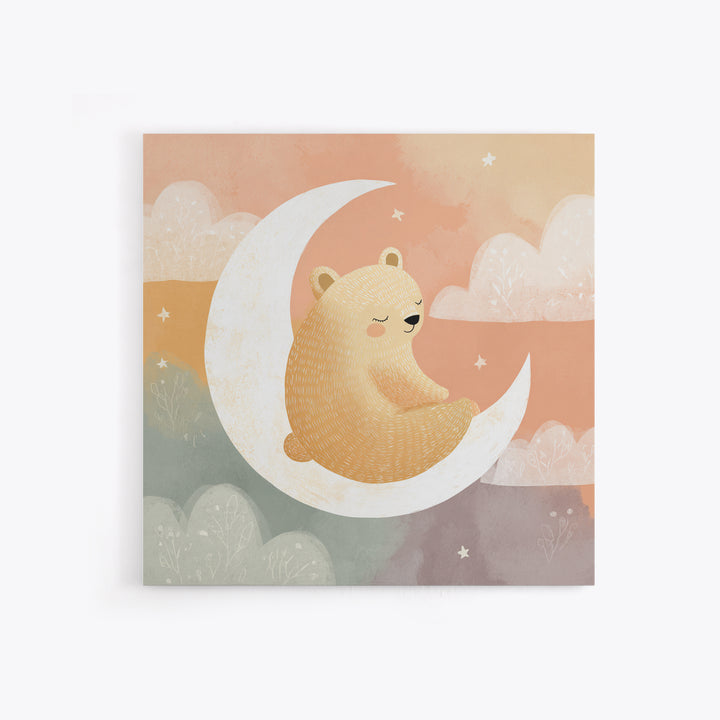 Baby Bear Floating on a Crescent Moon Canvas Print, Nursery Art, Kids Wall Decor, Nursery Decor, Oil Painting, Nursery, NUR-1x1-54