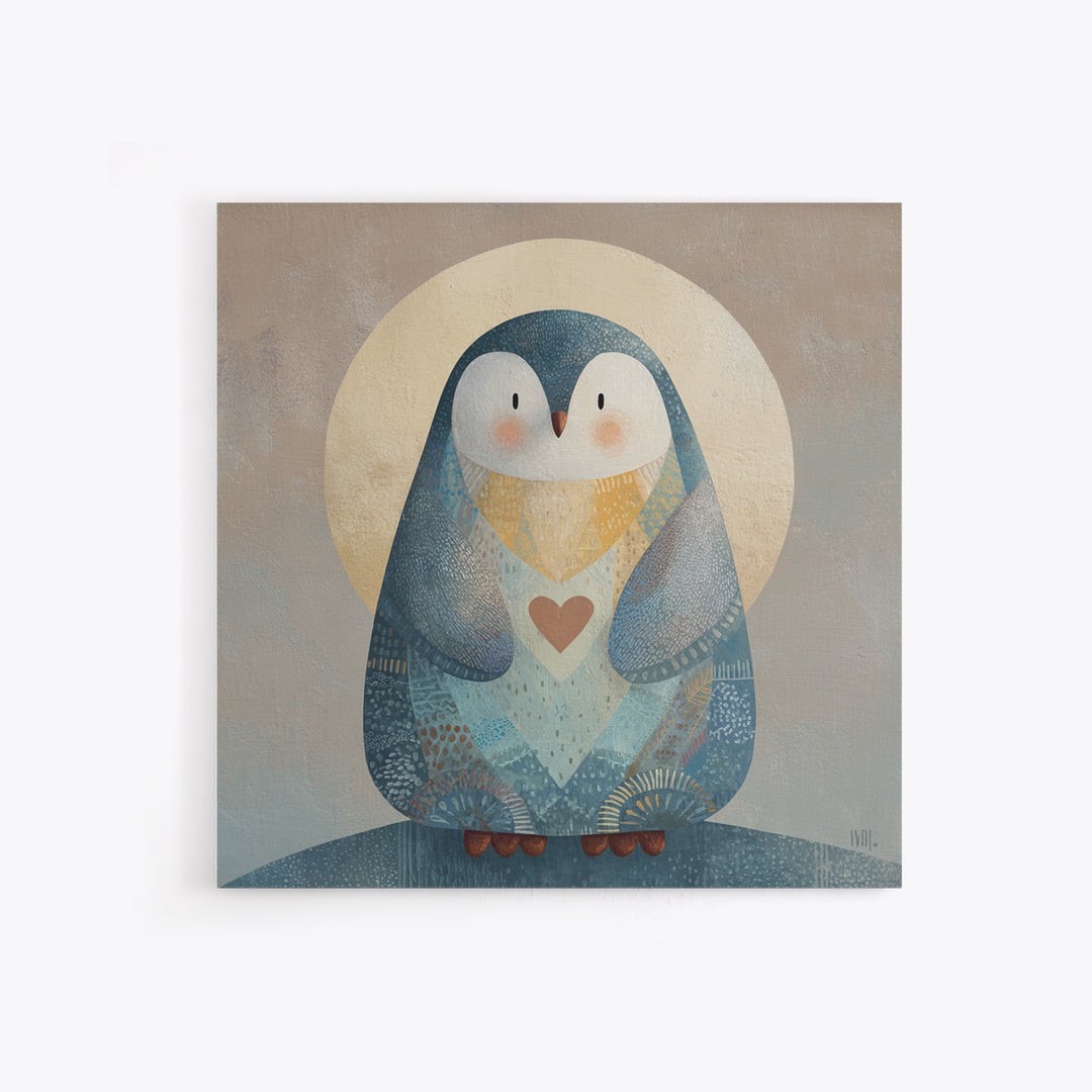 Penguin Holding a Little Heart Shape Framed Canvas Print, Nursery Art, Kids Room Wall Art, Nursery Decor, Abstract Art, Nursery, NUR-1x1-58