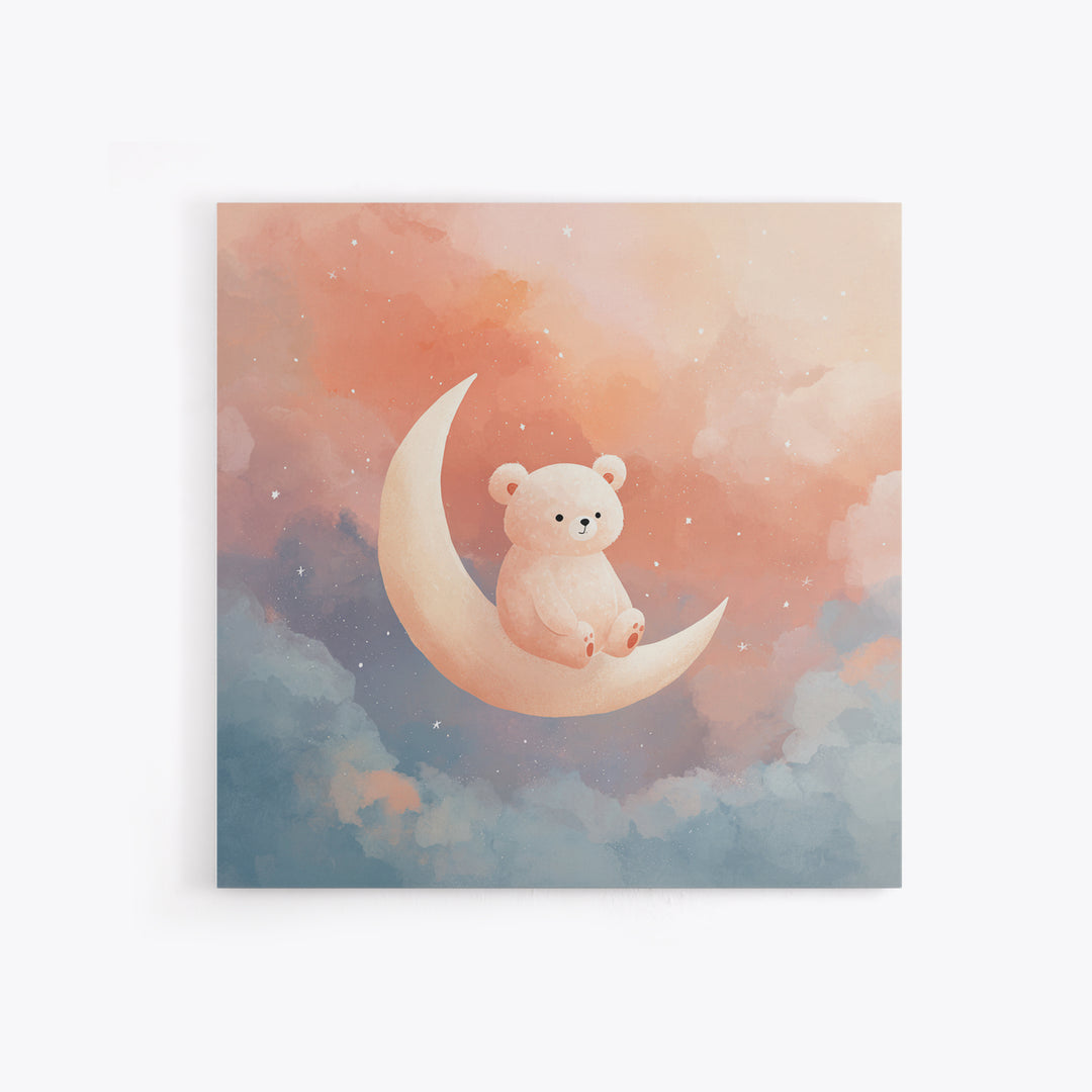 Baby Bear Floating on a Crescent Moon Framed Canvas Print, Nursery Art, Woodland Nursery, Nursery Decor, Watercolor Art, NUR-1x1-6