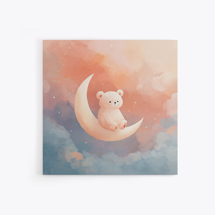 Baby Bear Floating on a Crescent Moon Framed Canvas Print, Nursery Art, Woodland Nursery, Nursery Decor, Watercolor Art, NUR-1x1-6