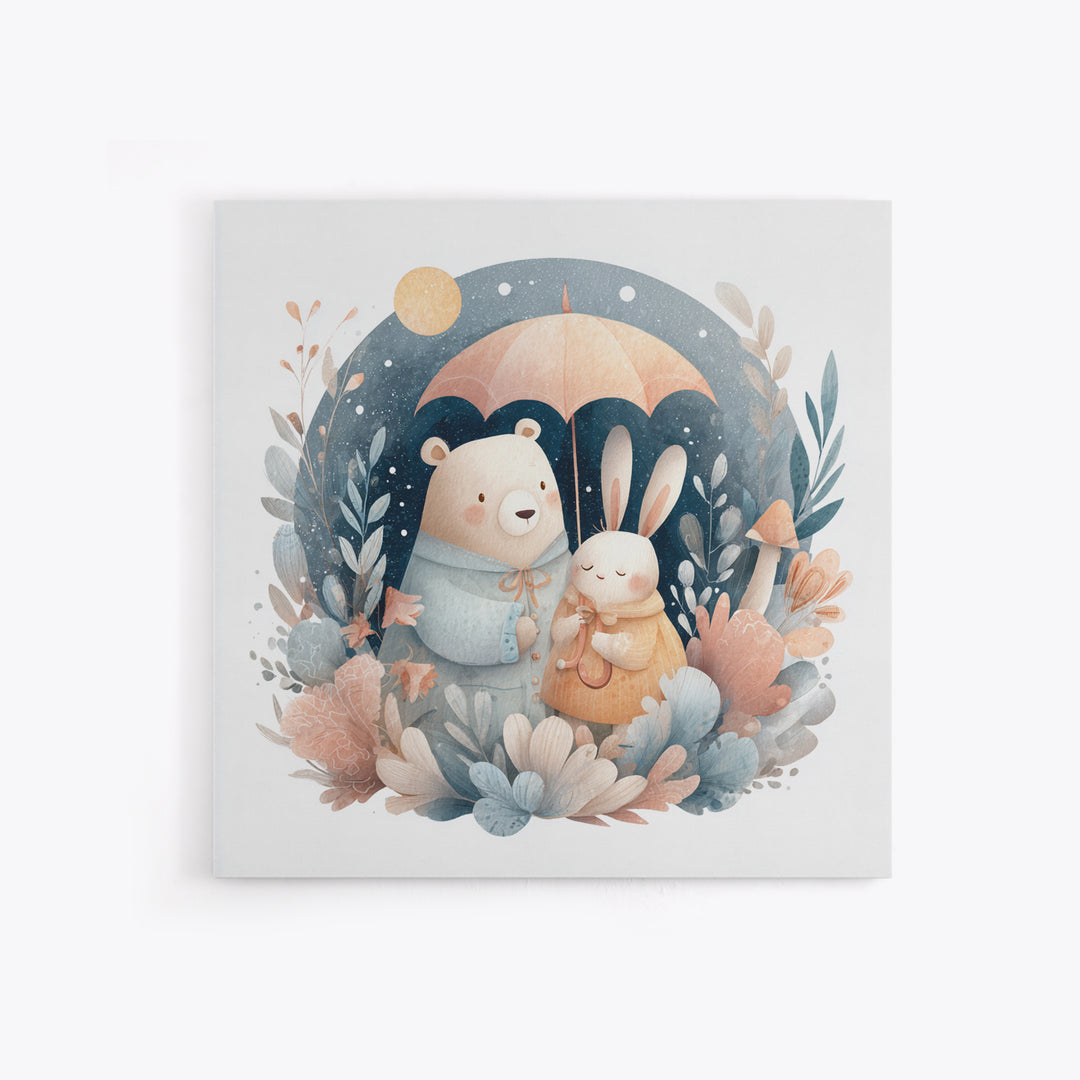 Bear and Rabbit Sharing Umbrella Framed Canvas Print, Nursery Art, Home Decor, Nursery Decor, Fine Art, Nursery, NUR-1x1-65