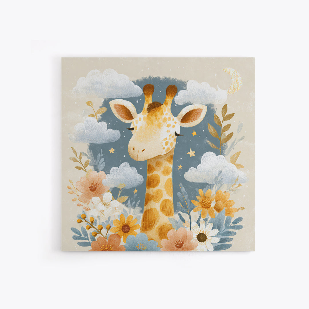 Gentle Giraffe with Pastel Flowers Framed Canvas Print, Nursery Art, Whimsical Wall Art, Nursery Decor, Watercolor Art, Nursery, NUR-1x1-74