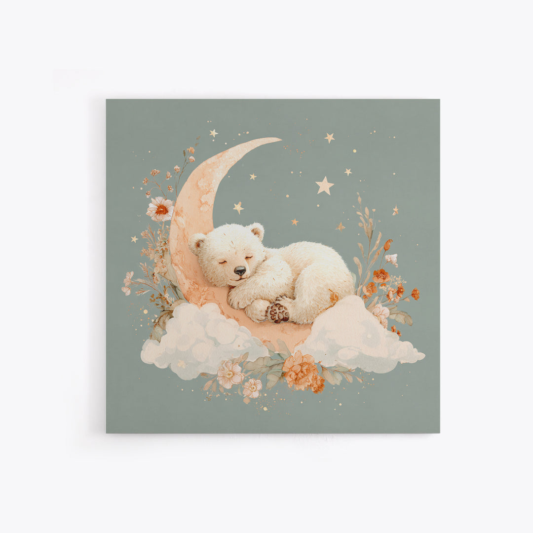 Baby Bear Floating on a Crescent Moon Framed Canvas Print, Nursery Art, Home Decor, Nursery Decor, Fine Art, Nursery, NUR-1x1-78