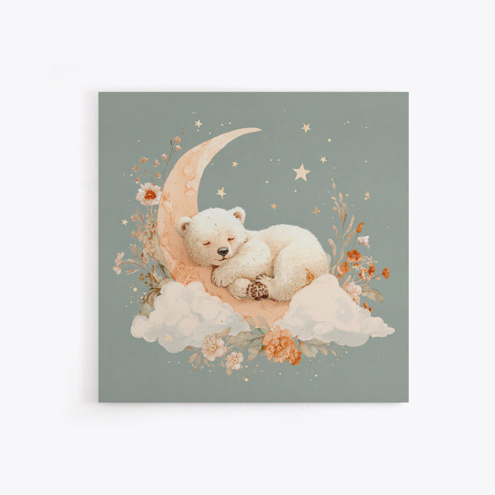 Baby Bear Floating on a Crescent Moon Framed Canvas Print, Nursery Art, Home Decor, Nursery Decor, Fine Art, Nursery, NUR-1x1-78
