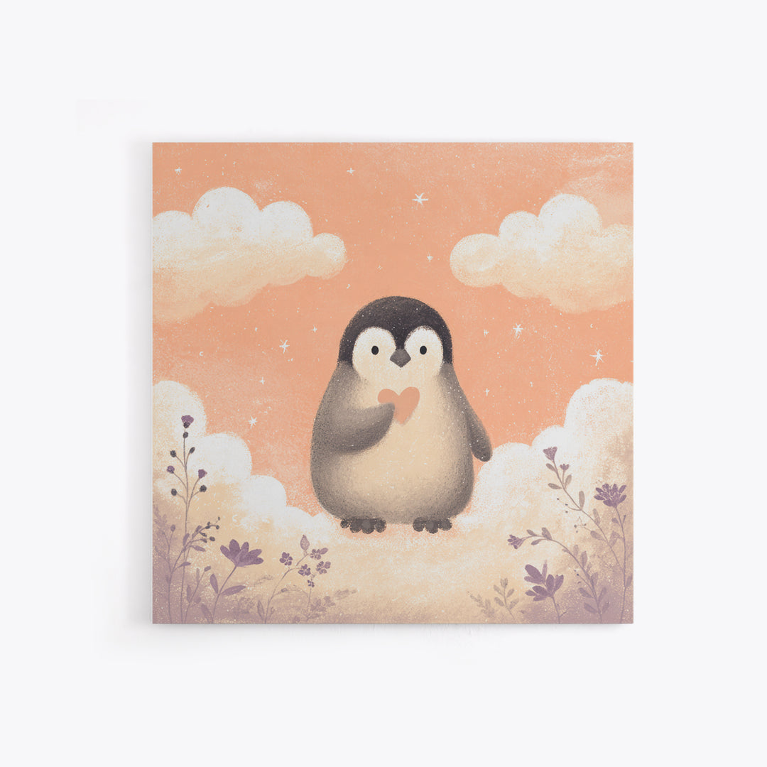 Penguin Holding a Little Heart Shape Canvas Print, Nursery Art, Gallery Decor, Nursery Decor, Fine Art, Nursery, Wall Art, NUR-1x1-82