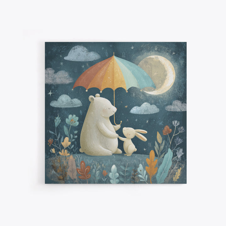 Bear and Rabbit Sharing Umbrella Canvas Print, Nursery Art, Boho Decor, Nursery Decor, Fine Art, Nursery, Wall Hangings, NUR-1x1-89